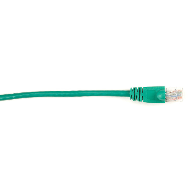 Close-up view of green Cat6 ethernet cable with snagless boot connector and transparent RJ-45 termination