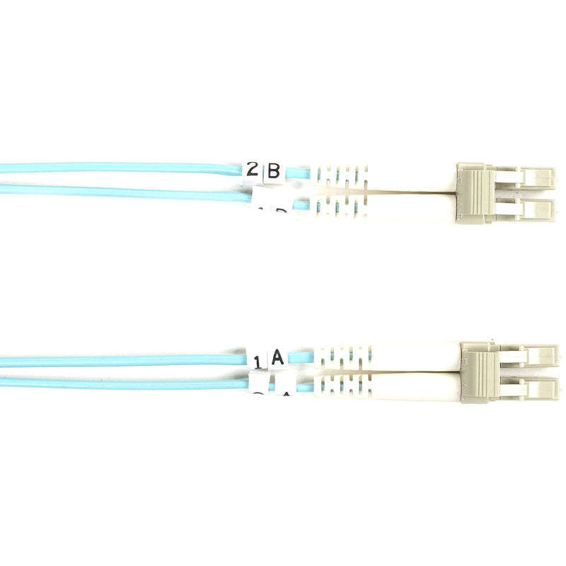 Black Box OM3 multimode fiber optic cable with aqua jacket and labeled LC connectors showing 1A and 2B channel identification