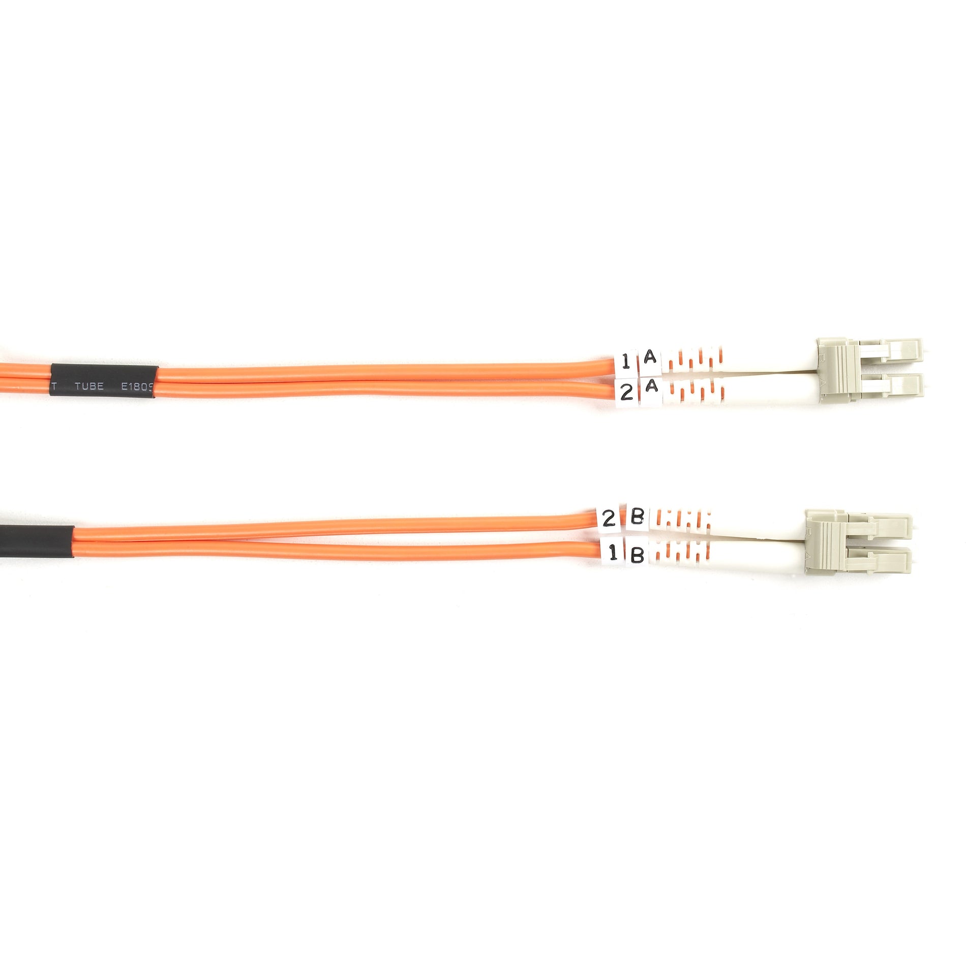 Orange multimode fiber optic patch cable with labeled LC connectors showing duplex configuration and zipcord design-alternate-image1