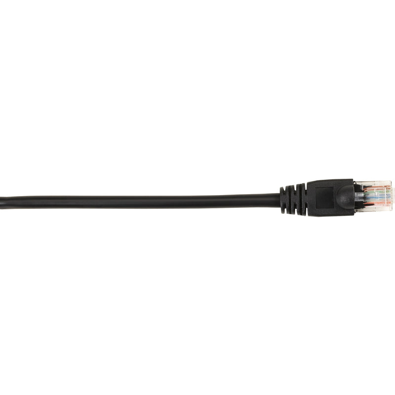 Black Cat5e ethernet patch cable with snagless boot connector showing RJ-45 termination