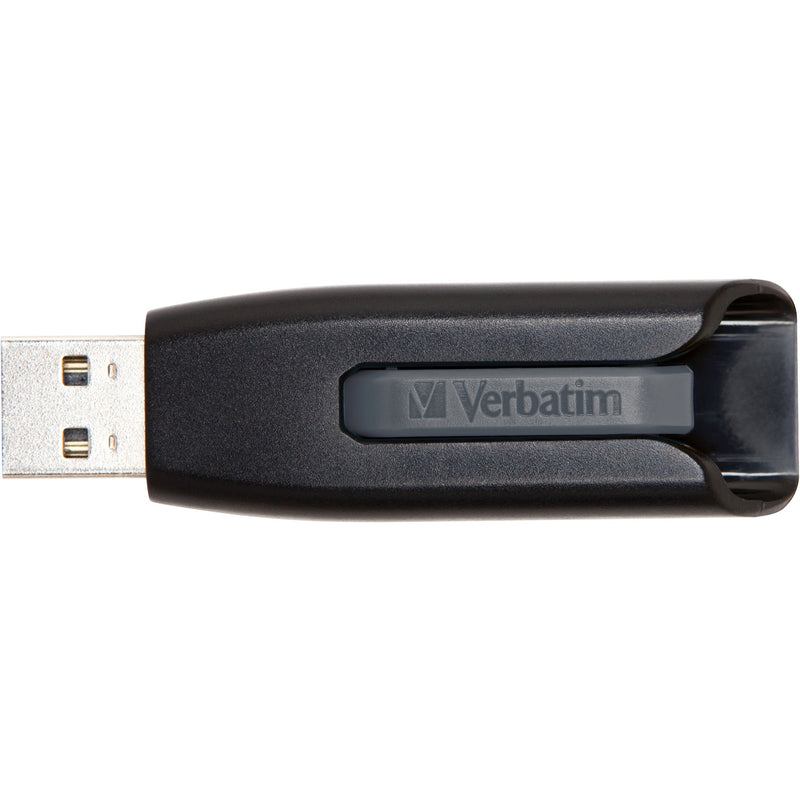 Close-up top view of Verbatim USB drive showing retractable mechanism and branding