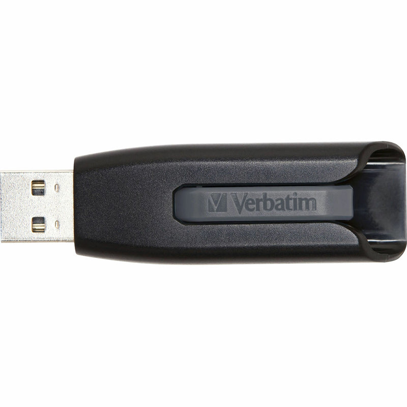 Detailed close-up of USB connector and Verbatim branding on drive