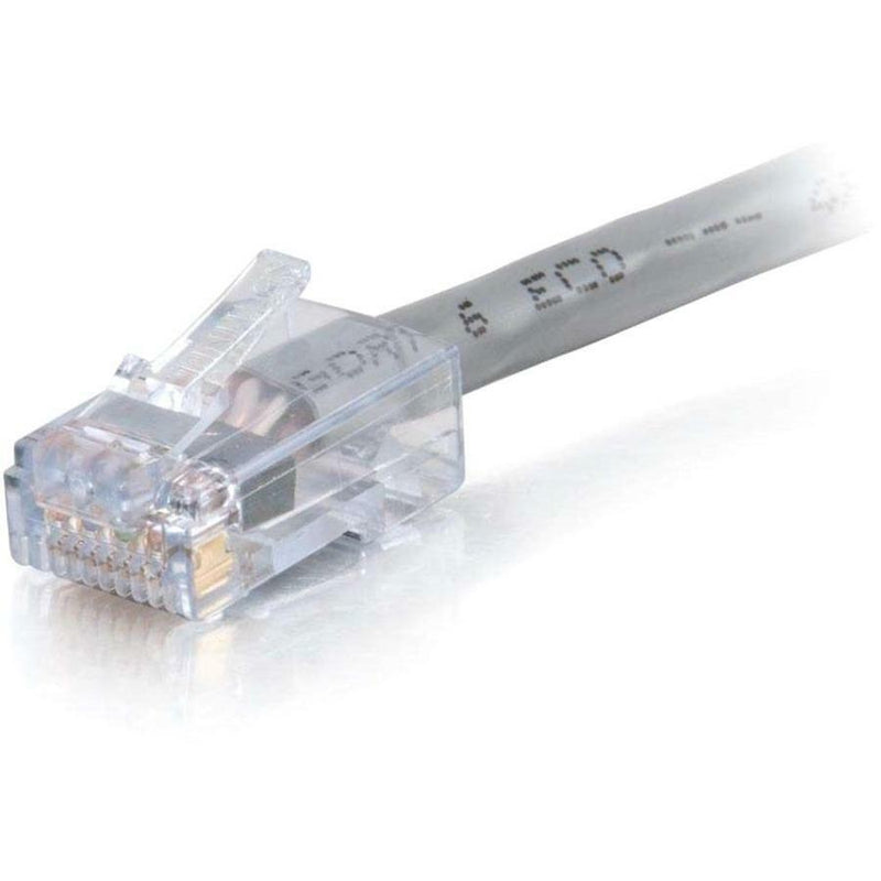 Close-up view of gold-plated RJ-45 connector on gray Cat6 plenum patch cable showing transparent housing and internal wiring