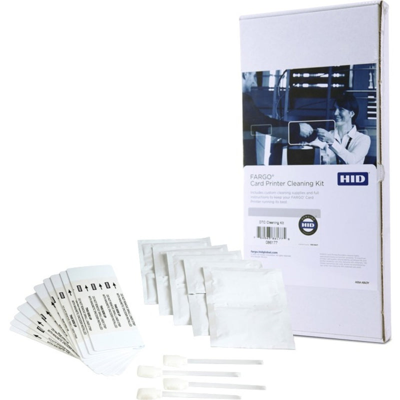 Fargo printer cleaning kit displaying box packaging with cleaning supplies including alcohol swabs, adhesive cleaning cards, and cleaning materials laid out