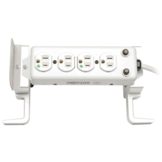 Front view of 4-outlet medical-grade power strip with mounting brackets