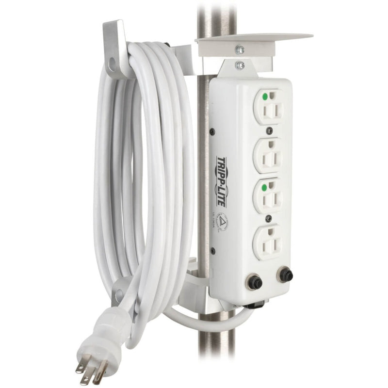 Medical-grade power strip mounted on pole with integrated cable management system and drip shield