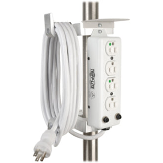 Side view of medical power strip mounted on pole with cable management