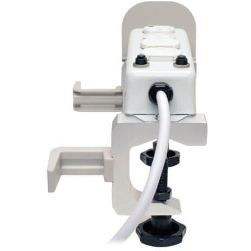 Side view of power strip mount showing cable management features