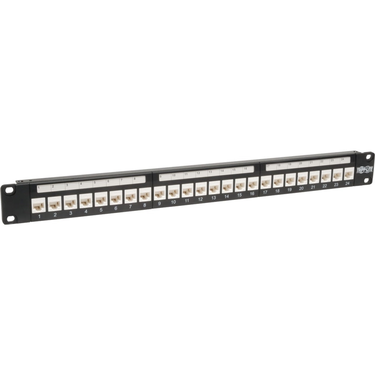 Front view of Tripp Lite N250-024-LP 24-port Cat6 patch panel showing numbered ports in 1U rack mount design-alternate-image1