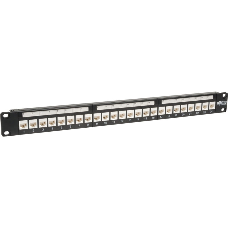 Front view of Tripp Lite N250-024-LP 24-port Cat6 patch panel showing numbered ports in 1U rack mount design