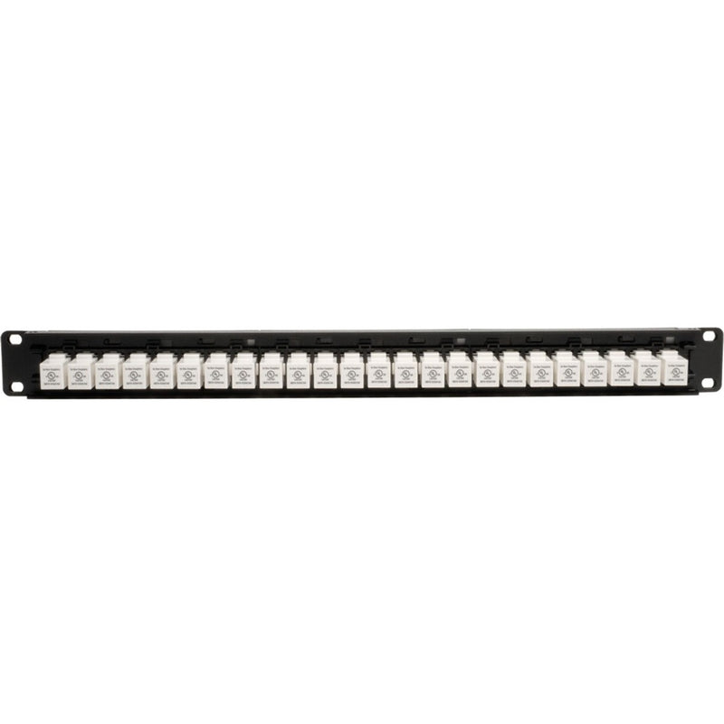 Close-up view of Tripp Lite patch panel showing white UL-certified feed-through ports