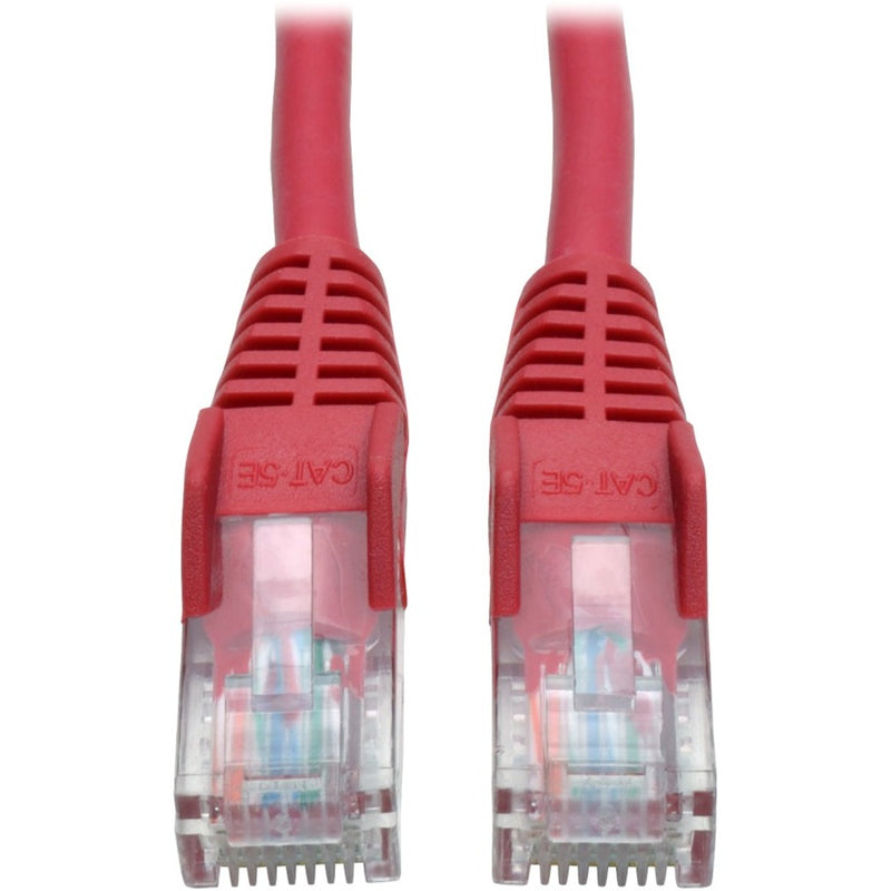 Close-up view of red Cat5e patch cable with snagless RJ45 connectors showing transparent connector housing and strain relief boots