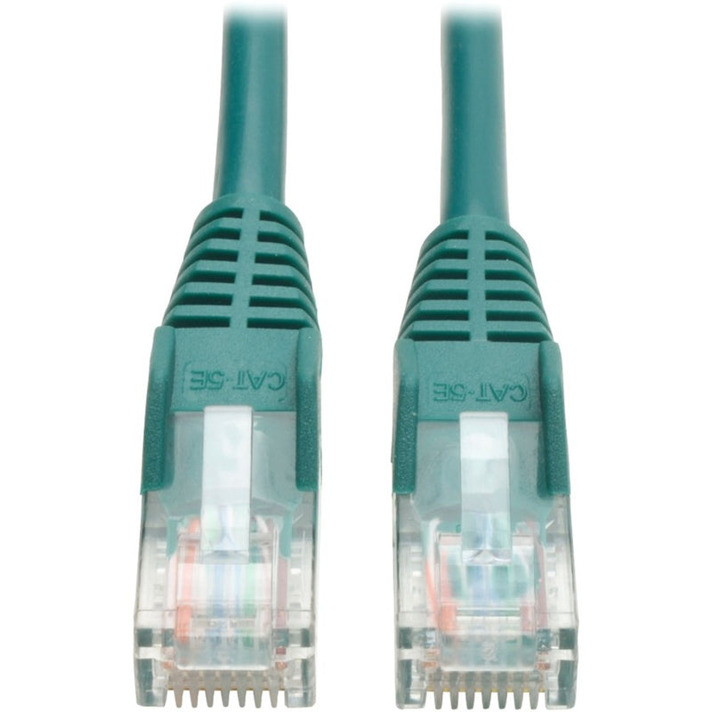 Close-up view of two green Cat5e RJ45 connectors with transparent housings and snagless boots showing internal wiring