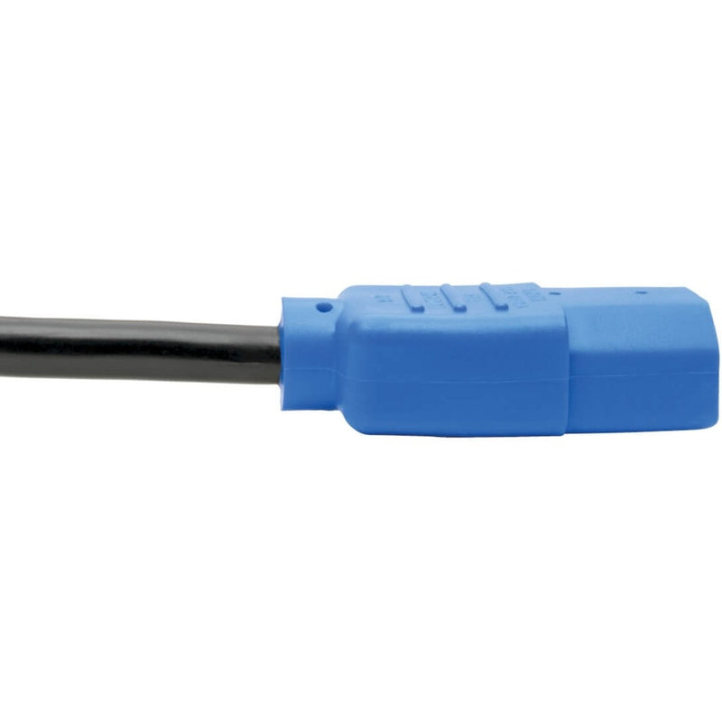 Side view of blue power connector showing molded construction and strain relief