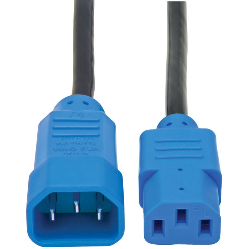 Close-up view of blue C14 and C13 power cord connectors showing detailed connector design