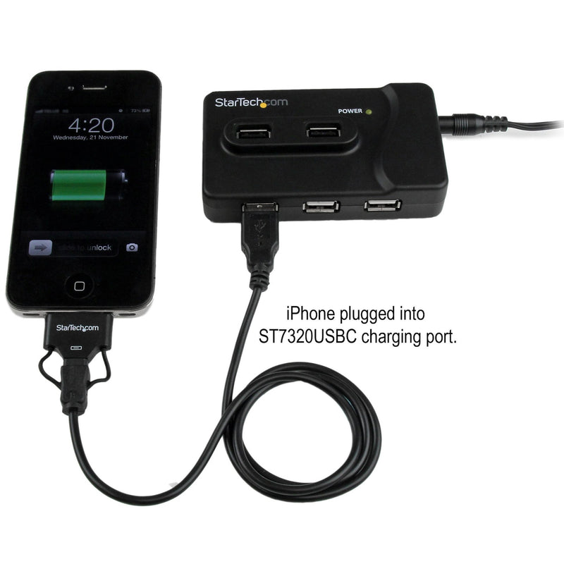 iPhone connected to ST7320USBC hub showing active charging status