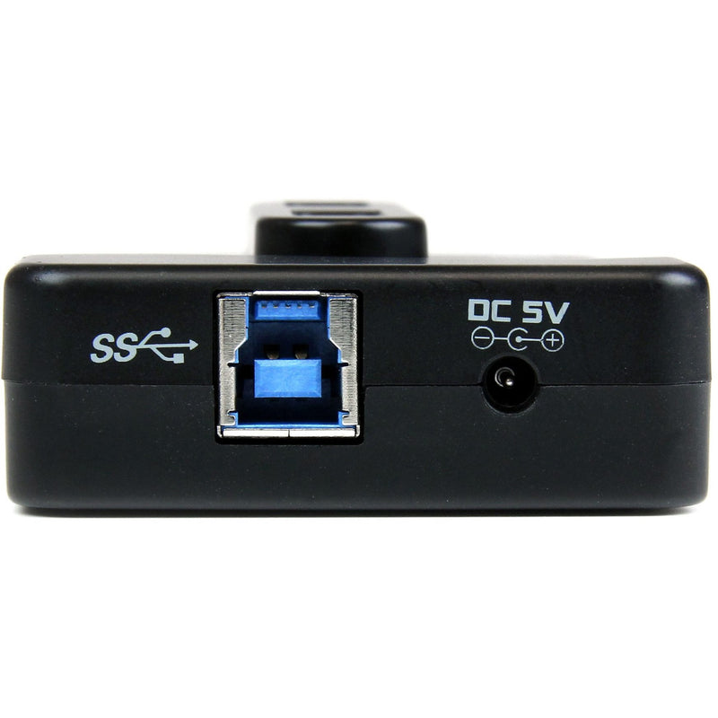 Rear view of USB hub showing USB 3.0 port and DC power input