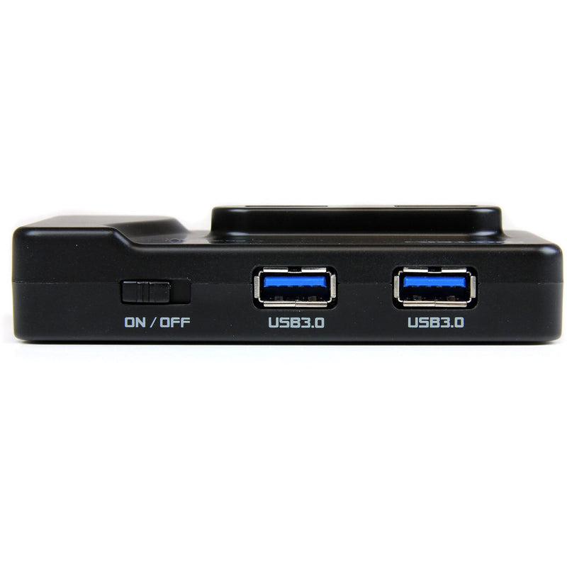 Close-up of dual USB 3.0 ports and power switch on the hub