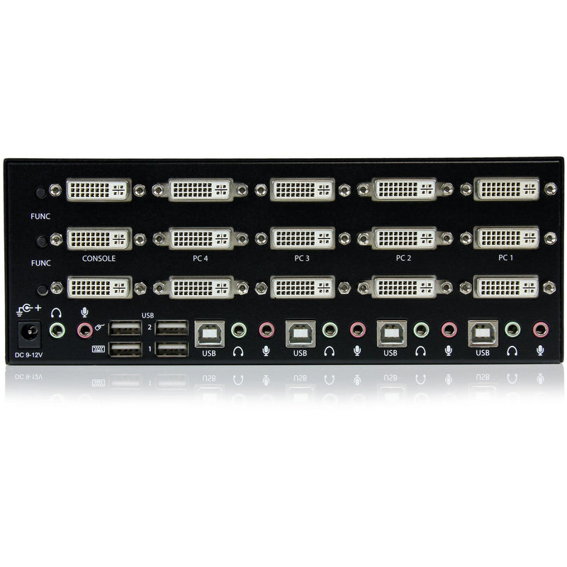 Rear panel view of StarTech.com KVM switch showing multiple DVI ports, USB connections, and audio interfaces