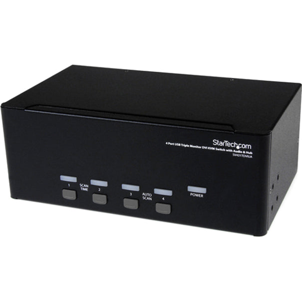 Angled view of StarTech.com KVM switch displaying compact design and control panel