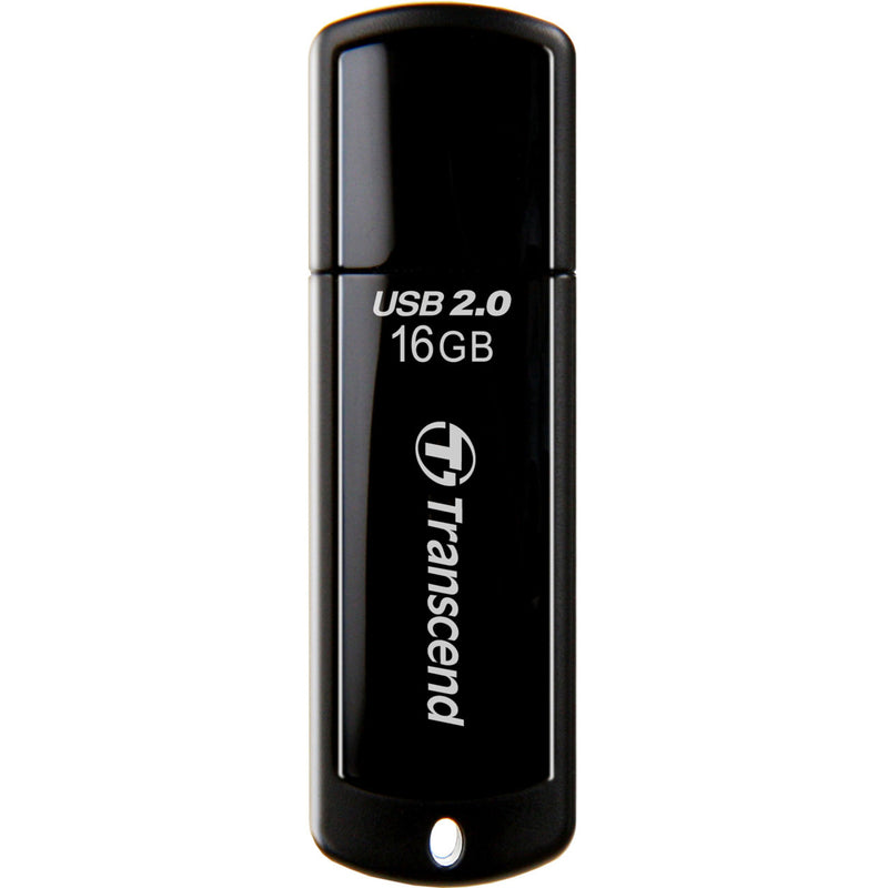 Transcend JetFlash 350 16GB USB drive in glossy black finish with white branding