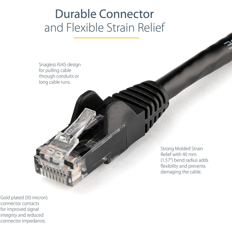 Close-up of Cat6 cable connector showing strain relief boot and gold-plated contacts