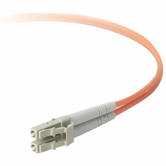 Belkin multi-mode fiber optic cable in aqua color with LC connectors, curved to show flexibility and connector detail