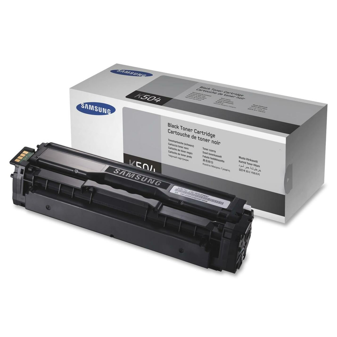 Samsung CLT-K504S black toner cartridge shown with retail packaging displaying product specifications and model information-alternate-image1