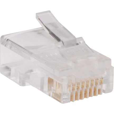 Tripp Lite N030-100 หัวเชื่อมต่อ Cat.5e บรรจุ 100 ชิ้นของปลั๊ก RJ45 สำหรับสายเคเบิล Cat5e แบบกลมที่มีตัวนำแข็ง/ยืดหยุ่น 4 คู่