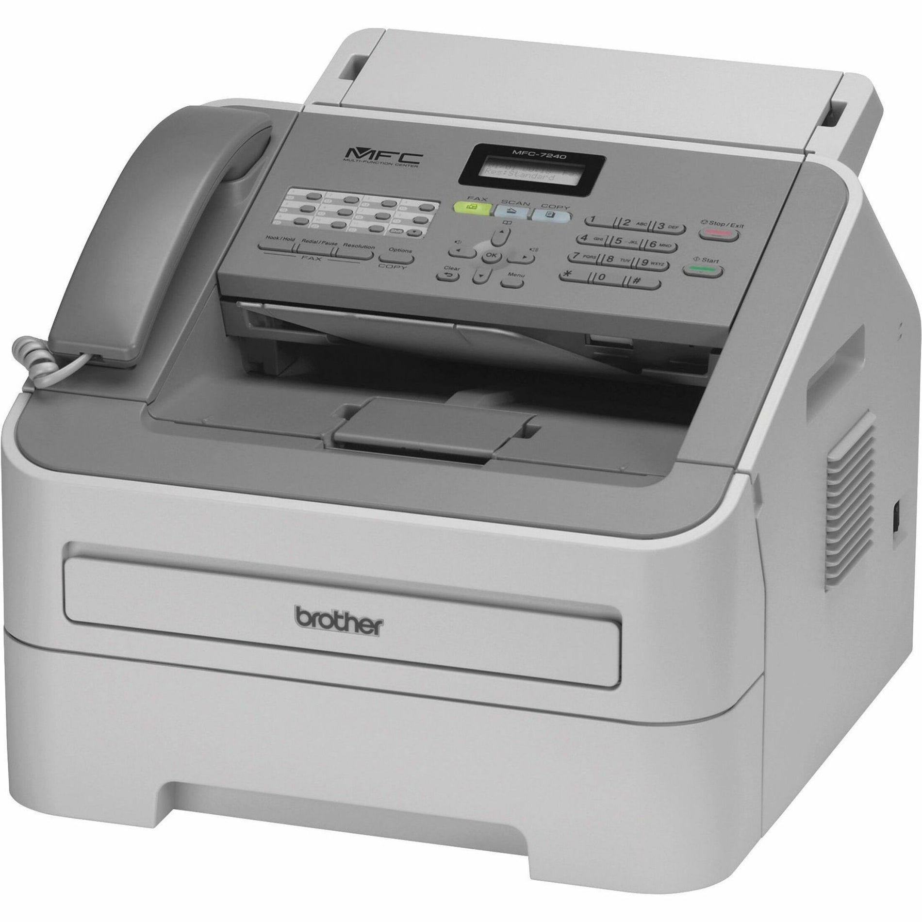 Side angle view of Brother MFC-7240 multifunction printer showing complete unit design and features-alternate-image3