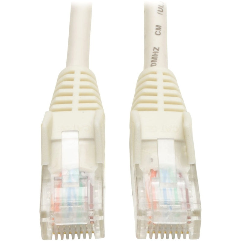 Close-up view of two white RJ-45 connectors showing internal color-coded wiring and snagless boots on Cat5e cable