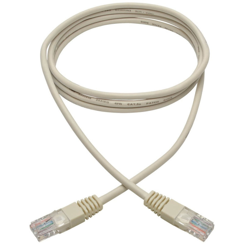 Full length view of white 6-foot Cat5e patch cable with RJ45 connectors