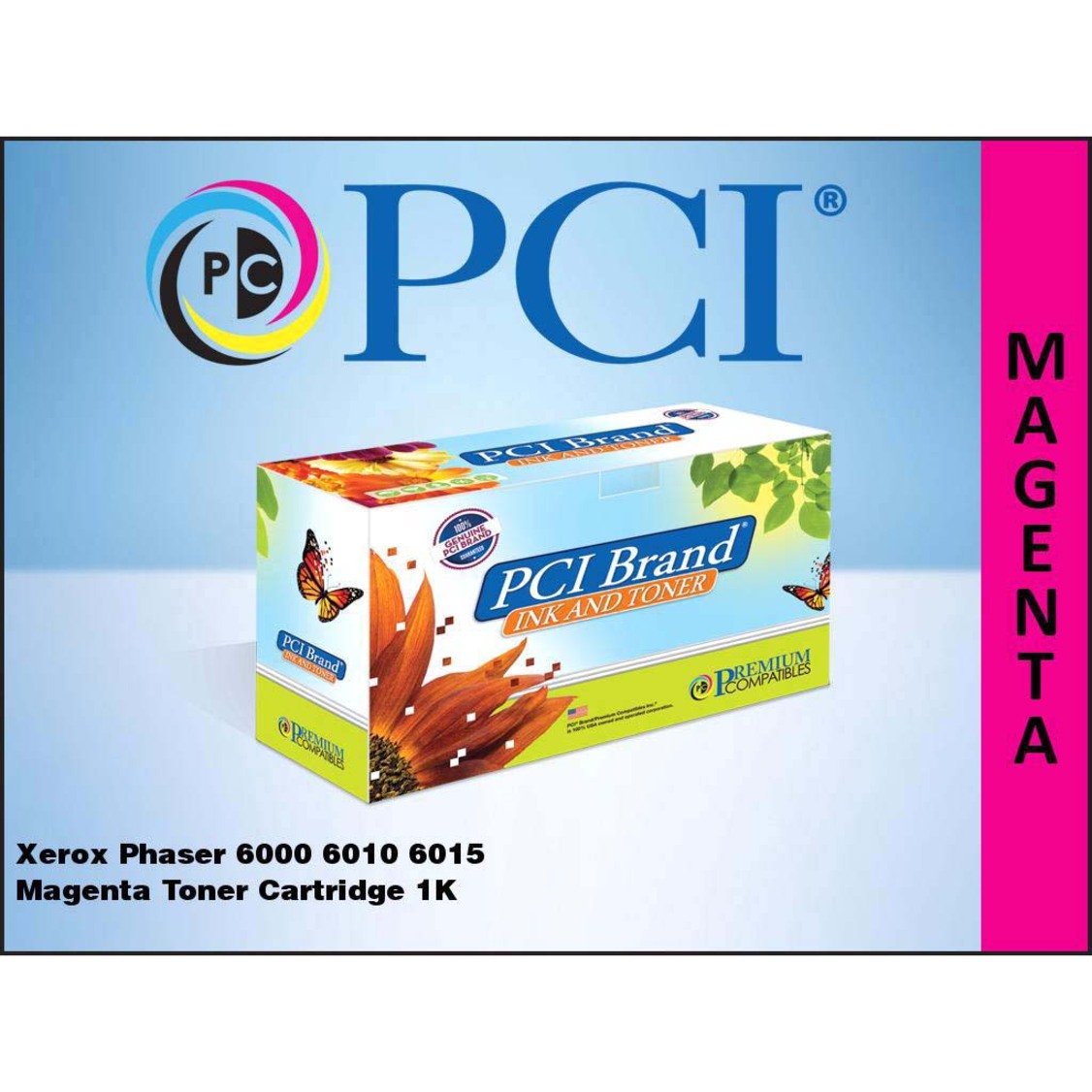 PCI Brand magenta toner cartridge product display with Xerox Phaser compatibility information and branded logo-alternate-image2