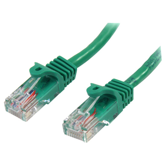 Close-up view of green Cat5e ethernet cable RJ45 connectors showing gold-plated contacts and snagless boots