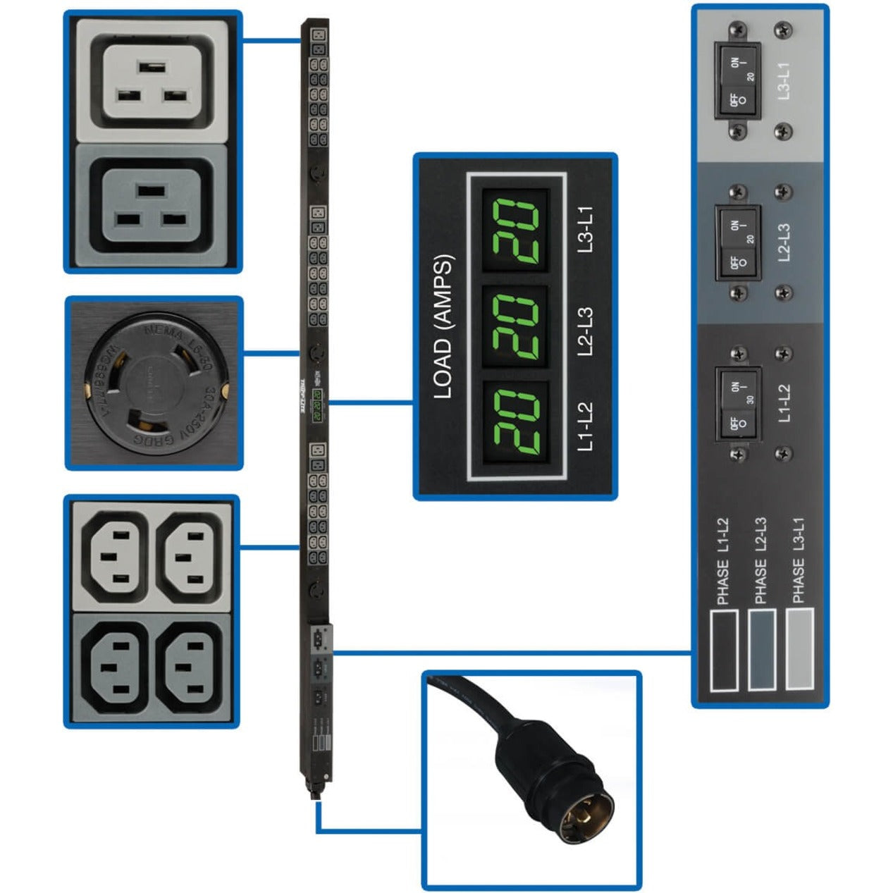 Tripp Lite PDU3MV6H50A Metered PDU, 14.4kW, 45 Outlets, 208V, Hubbell CS8365C Plug