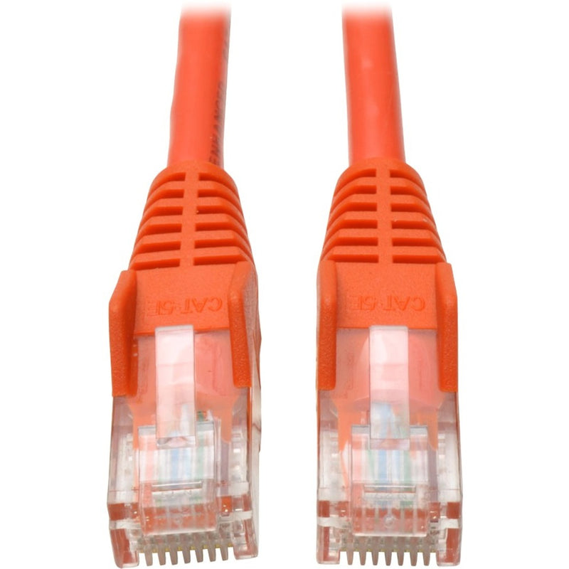 Close-up view of two orange Cat5e RJ45 connectors with transparent housing and snagless boots