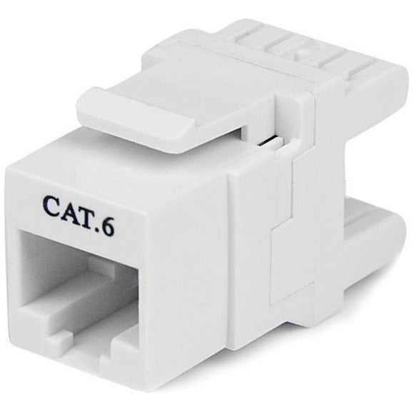 Front view of StarTech.com white Cat6 keystone jack showing RJ45 port and CAT.6 labeling