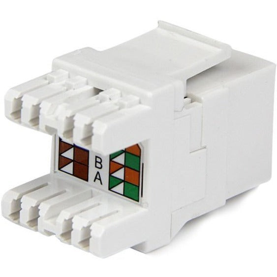 Rear view of StarTech.com Cat6 keystone jack showing T568A/B wiring diagram and IDC terminals