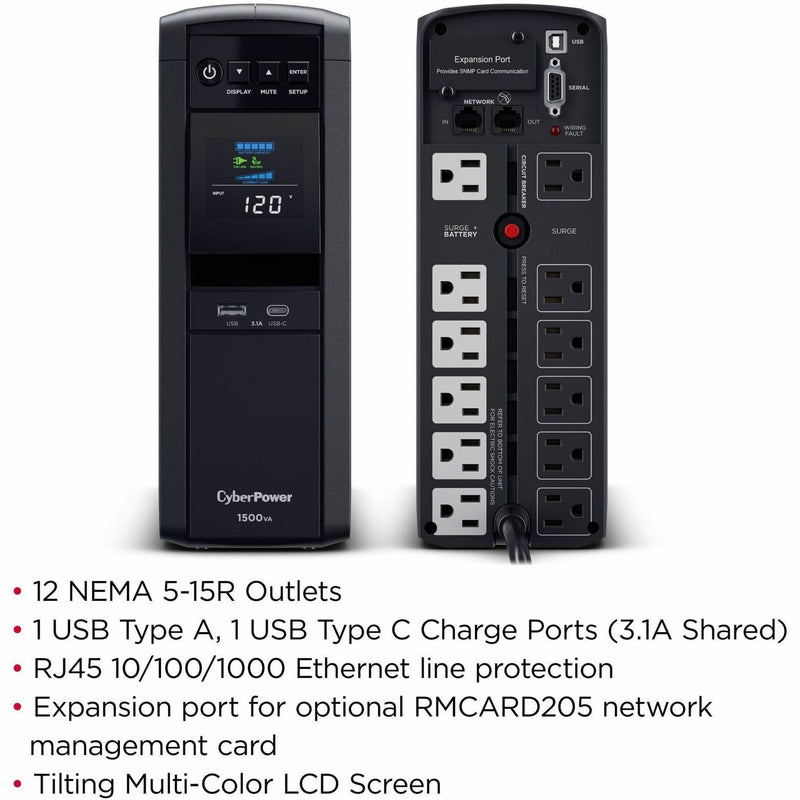 Front and rear view comparison of CyberPower UPS showing all features