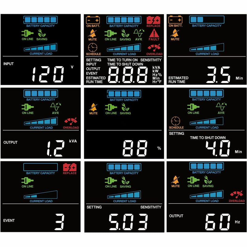 Collection of LCD screen displays showing various UPS monitoring interfaces