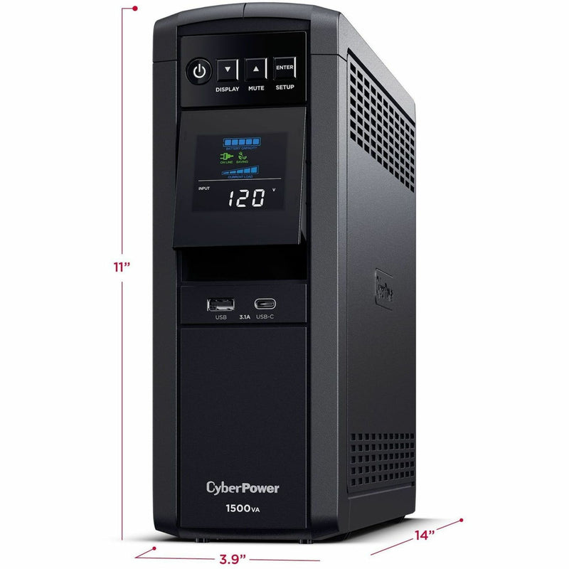 Dimensional view of CyberPower UPS with measurements