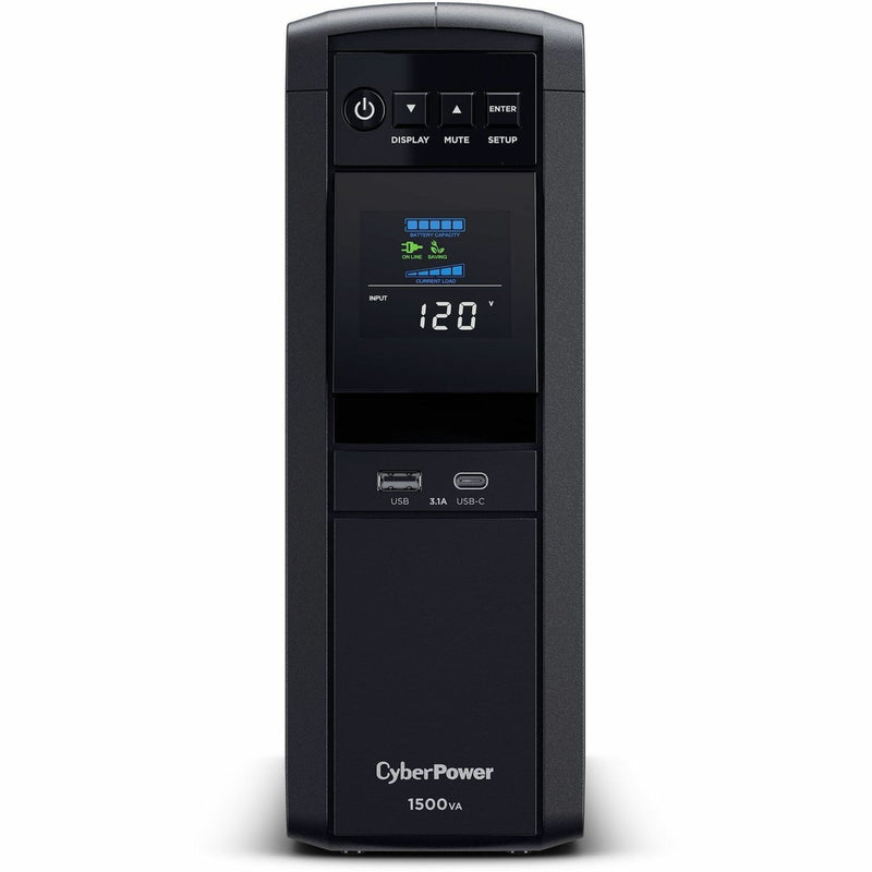 Front view of CyberPower CP1500PFCLCDTAA UPS showing LCD display panel and USB charging ports