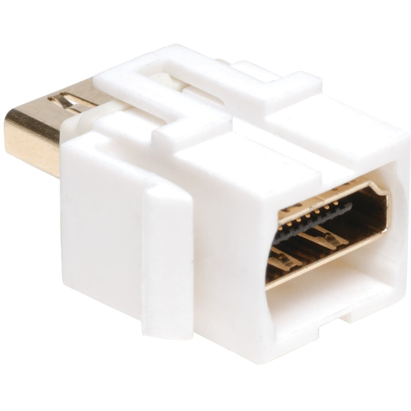 Side angle view of HDMI keystone coupler showing construction quality and gold-plated ports