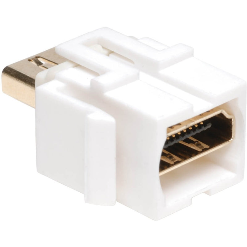 White HDMI keystone coupler with gold-plated female connector ports shown from side angle