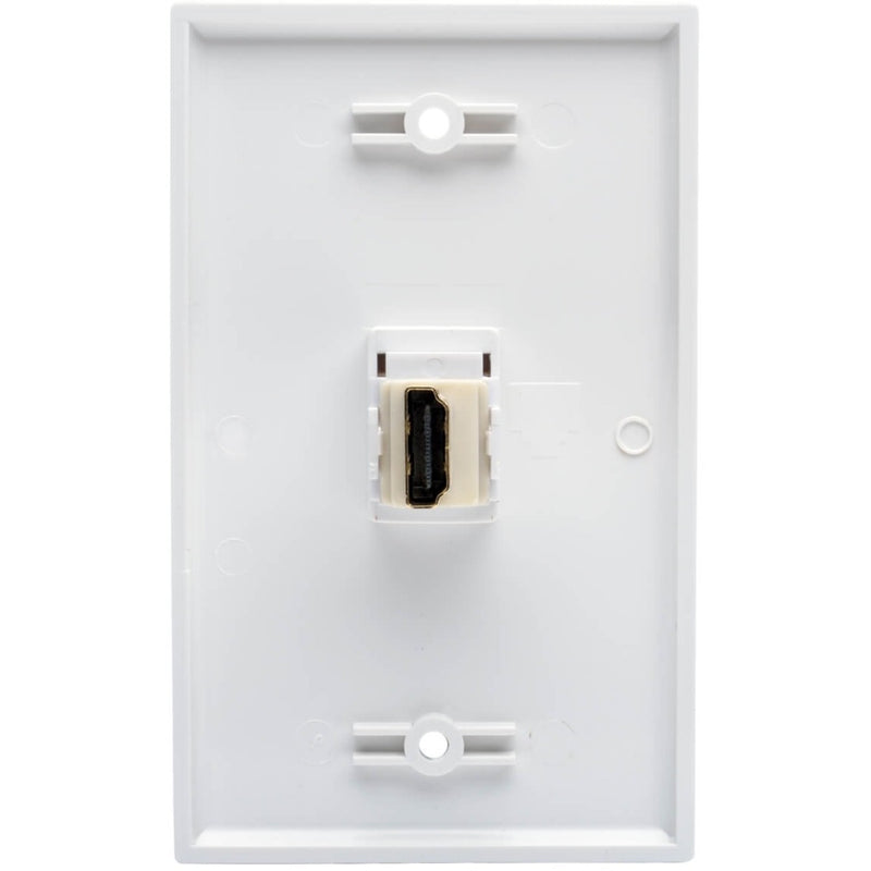 Front view of HDMI keystone coupler mounted in wall plate showing alignment and fit