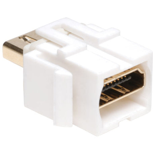 HDMI keystone coupler displaying snap-in design features and white finish