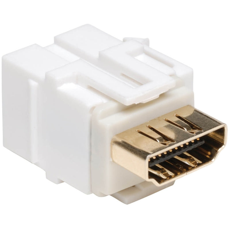 Detailed view of HDMI keystone coupler showing gold-plated connector and white housing construction