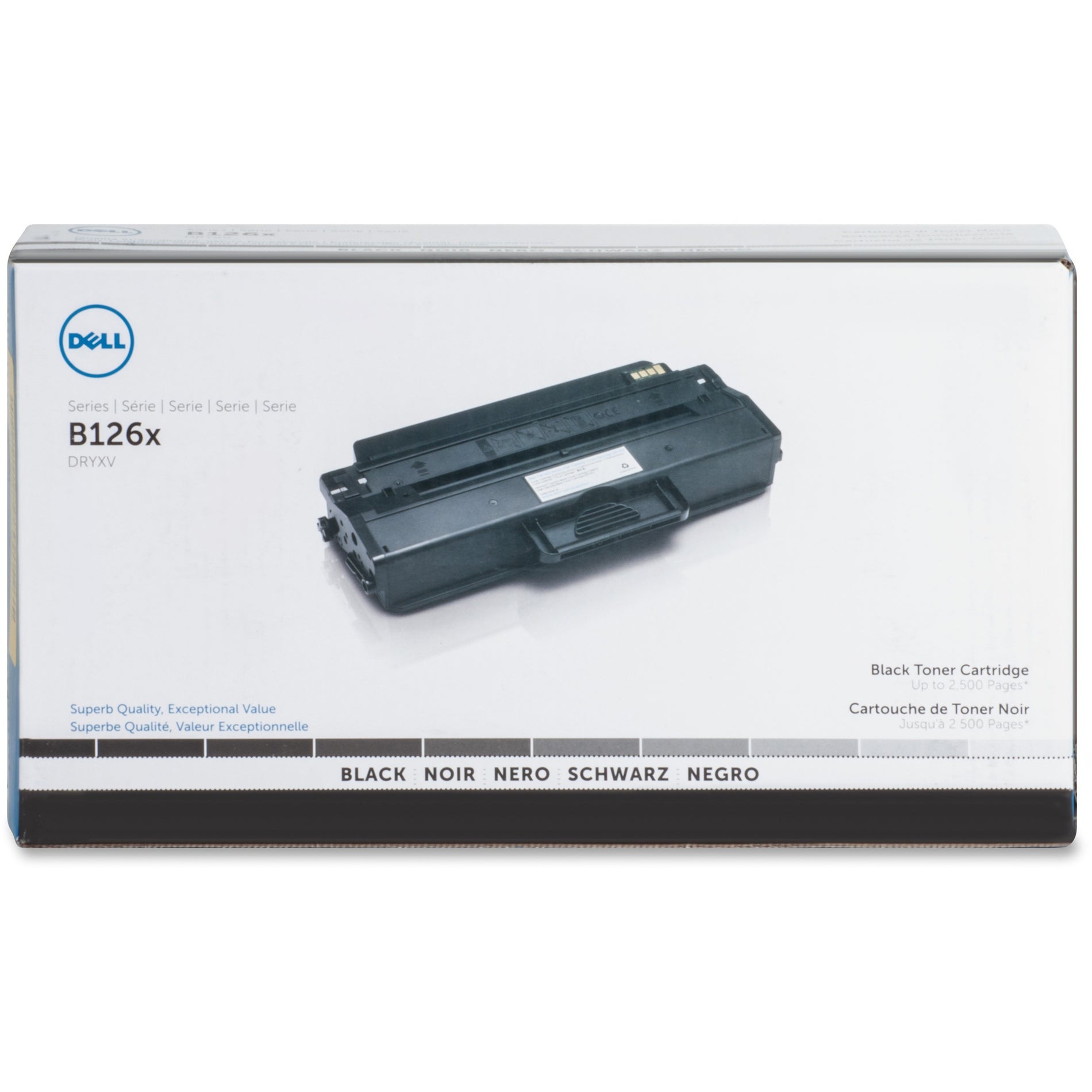 Dell B126x DRYXV high-yield black toner cartridge in retail packaging showing product image and multilingual labeling-alternate-image1