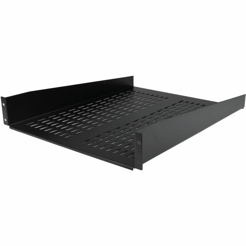 Black vented 2U rack mount shelf with perforated surface for enhanced airflow