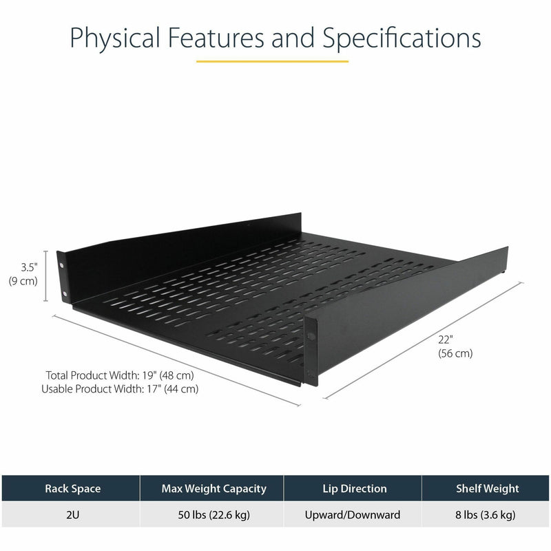 Technical specifications diagram showing dimensions of 2U vented rack shelf